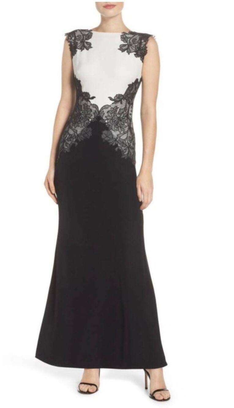 Tadashi Shoji Layne Two-Tone Gown Black & White Lace Appliqués size 8 petite
